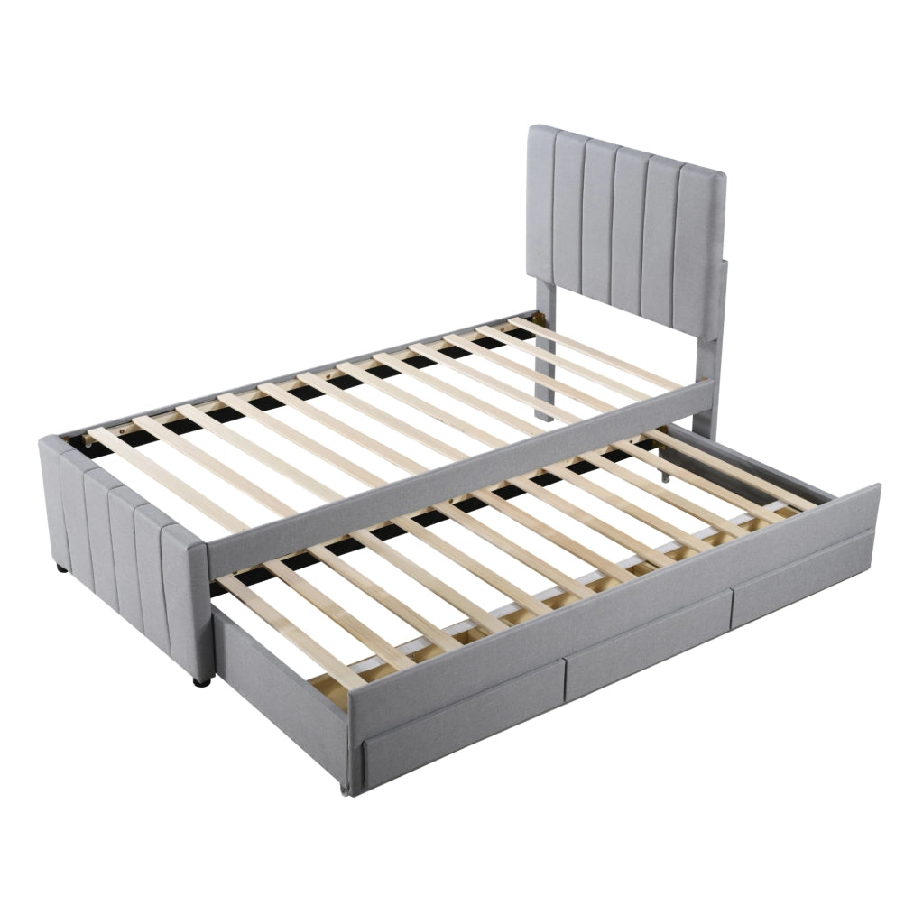 Letto imbottito 90x200 cm con letto estraibile e 3 cassetti in tessuto di cotone e lino grigio