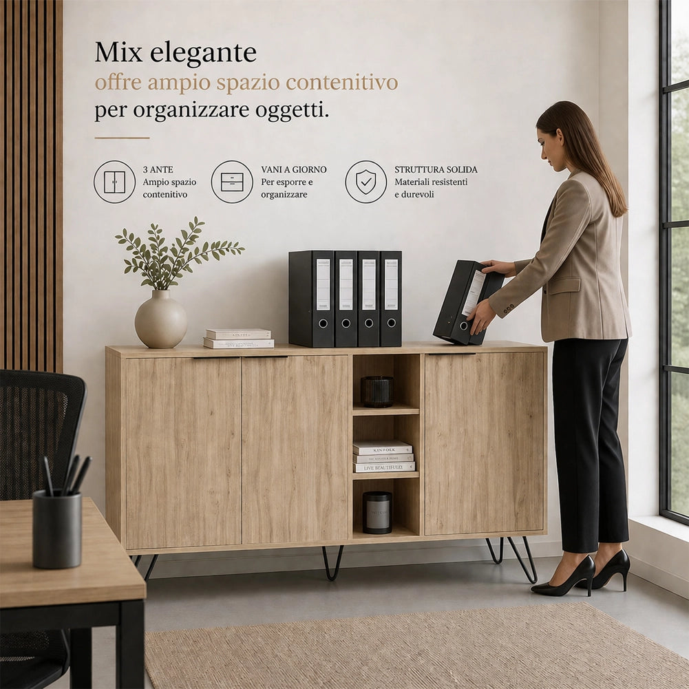 Madia Moderna Credenza con 3 Ante e Vani a Giorno 142x83 cm Zaffiro di Quercia