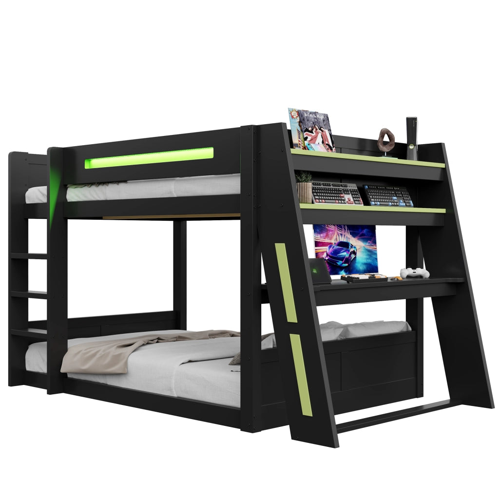 Letto a castello gaming 140x200 cm - Zephmum - Legno, scrivania, USB, LED, nero+verde
