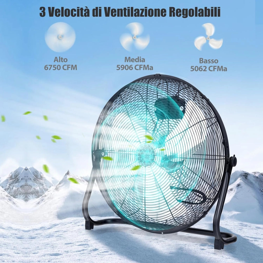 Ventilatori da Pavimento 62 X 20 X 59 CM, 3 Velocità di Vento Regolabili, Ventilatore Industriale in Metallo, Angolo di Inclinazione 145°, per Magazzino, Officina, Cantina, Ufficio (Nero)