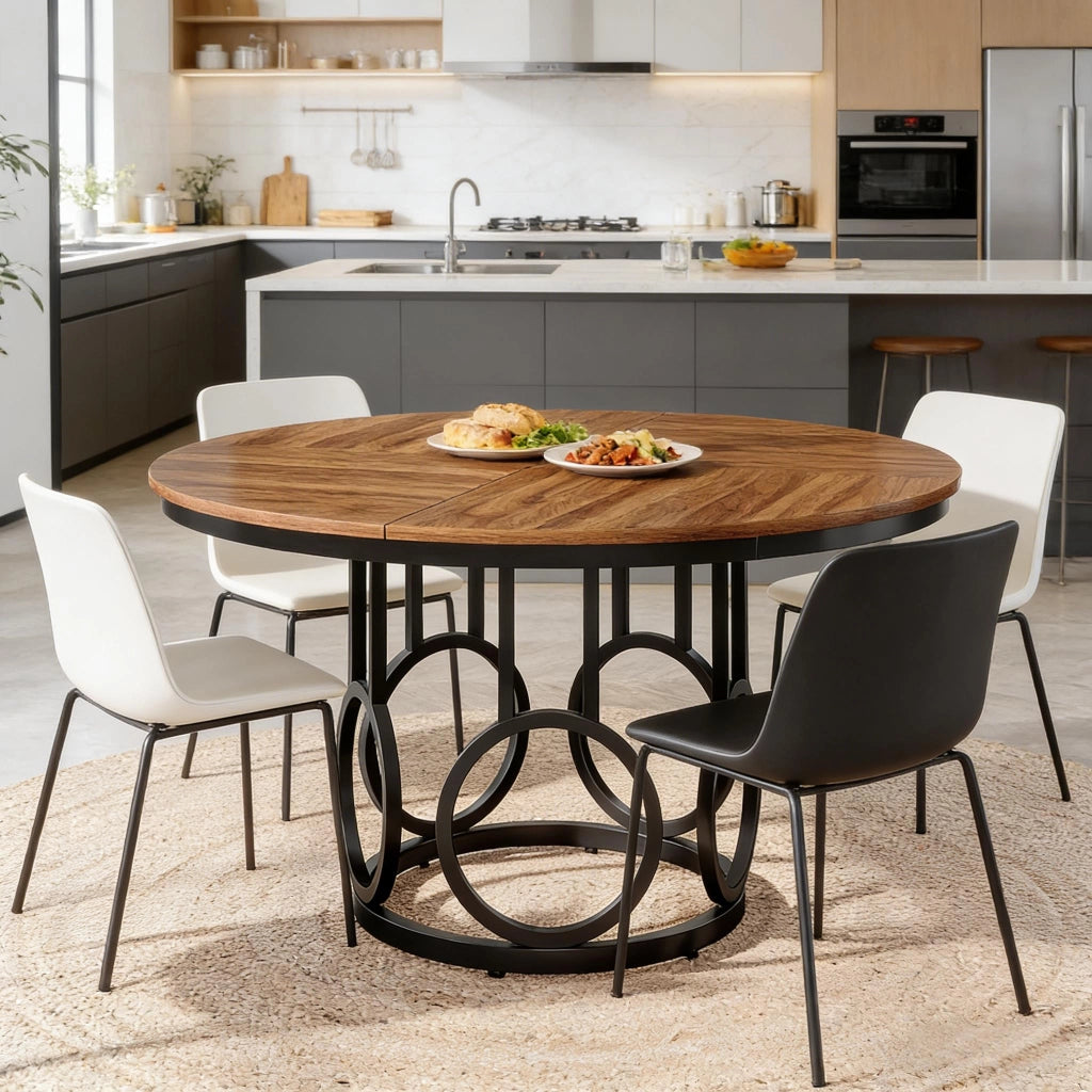 TAVOLO Rotondo 120x120x75 cm MDF e Metallo Nero Marrone