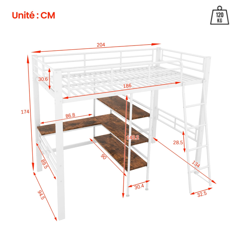Letto a soppalco 90 x 200 cm; Letto Singolo con Scrivania; Scaffali; Sponda e Scala; senza Materasso