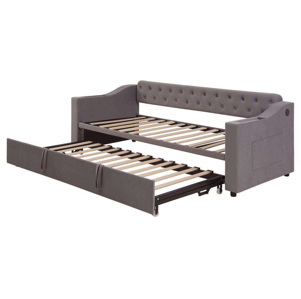 Divano letto imbottito estraibile 90x190/180x190 cm in velluto grigio con USB e Type-C