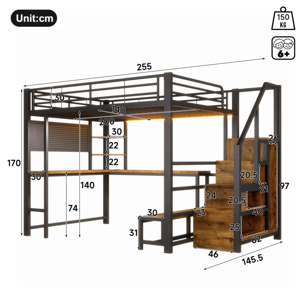 Letto a soppalco ULEVR 140x200 cm con scrivania, LED, USB e USB-C, ripiani e scala contenitore, nero