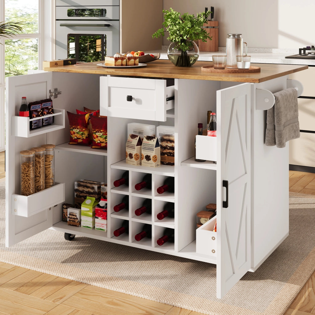 Isola cucina multifunzione bianca con piano ribaltabile, cassetto, vani laterali e armadio a 2 ante