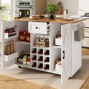 Isola cucina multifunzione bianca con piano ribaltabile, cassetto, vani laterali e armadio a 2 ante