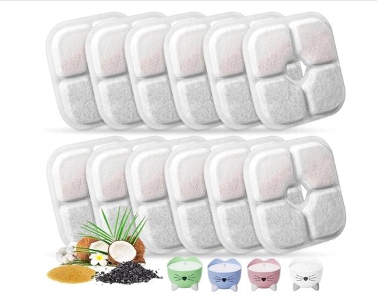 Filtro per fontaniera gatto PewinGo, compatibile con fontaniera 2,5L, 12 filtri sostitutivi per fontaniera gatto, sistema filtro a tre stadi