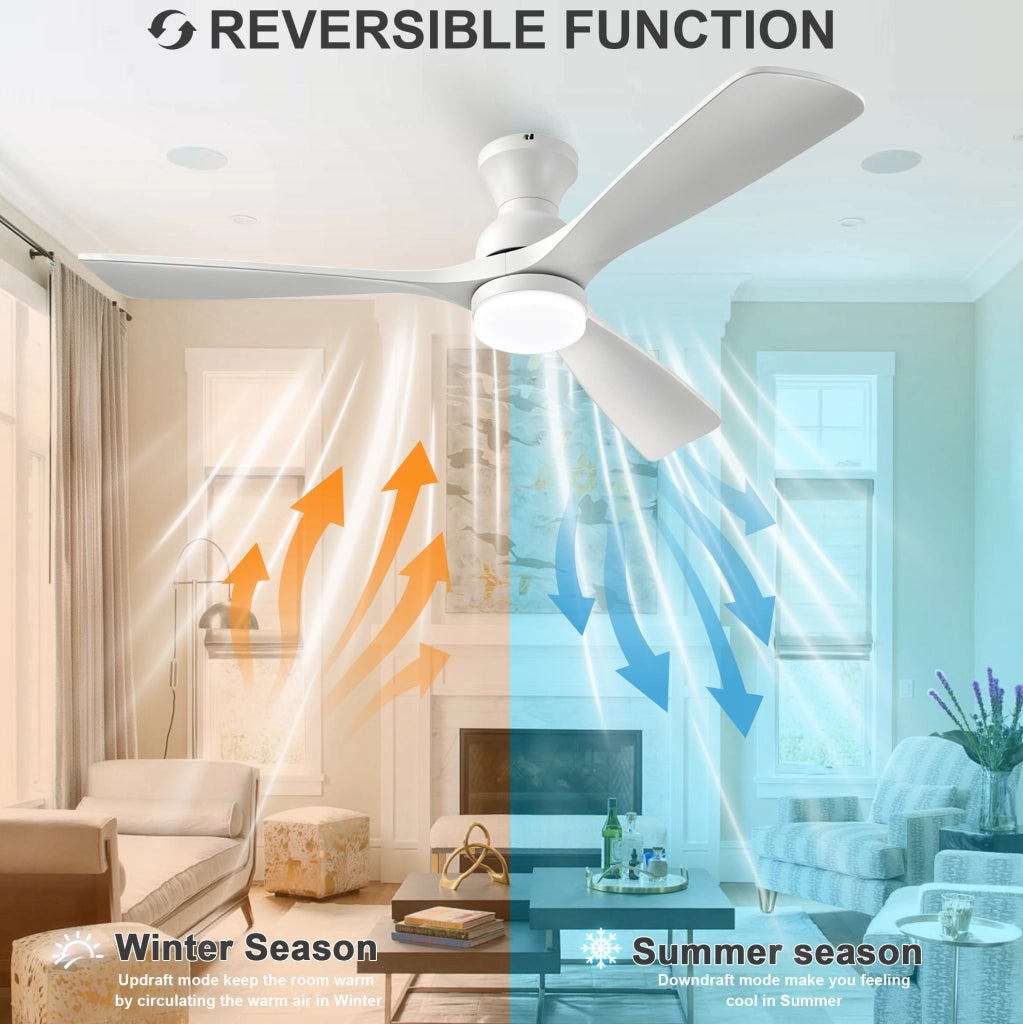 Ventilatore da soffitto con LED e telecomando, 3 pale in legno massello, bianco