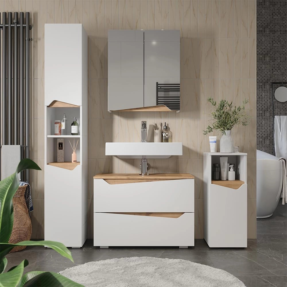Mobile sottolavabo per bagno Marelle, Bianco/Artisan, 80 x 57.5 cm con 2 cassetti, adatto per l'installazione sotto lavabi standard