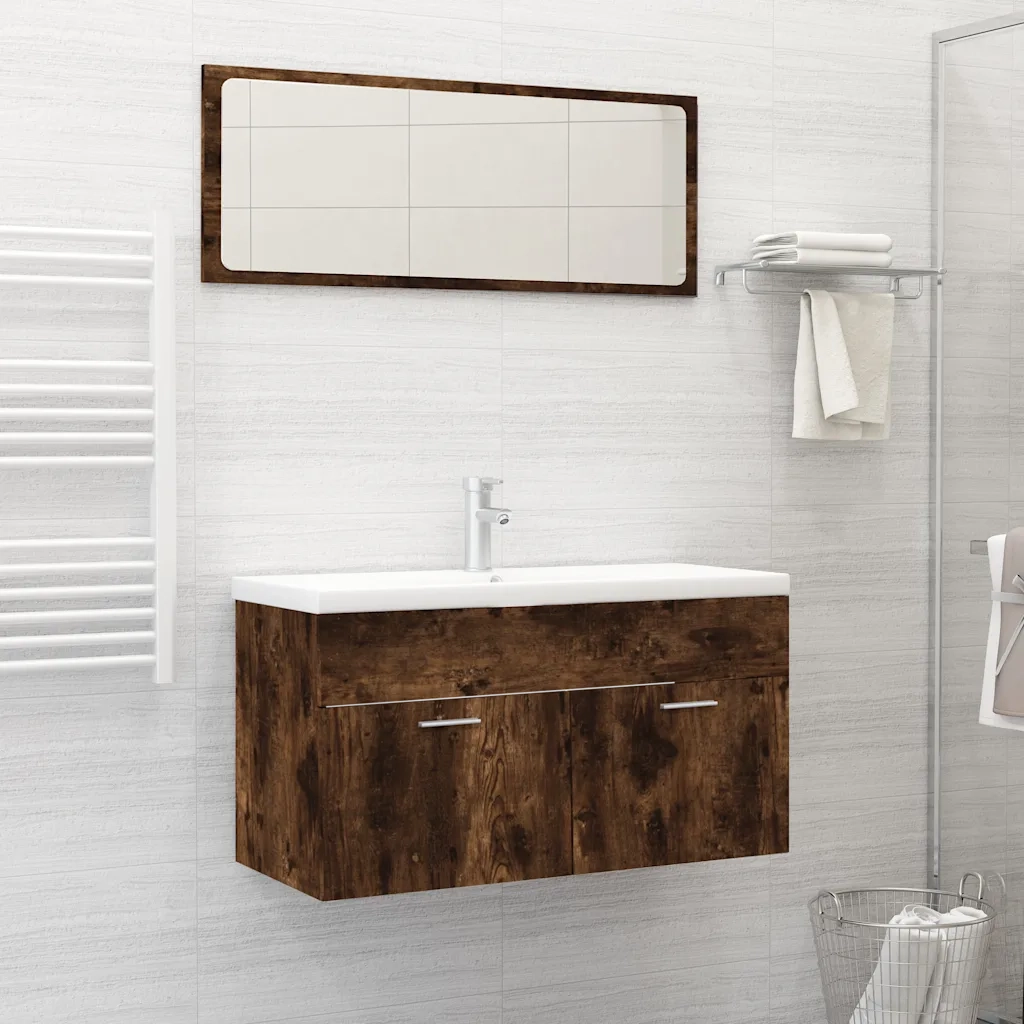 Set Mobili da Bagno | Armadio da bagno 2 pz Rovere Fumo in Legno Multistrato