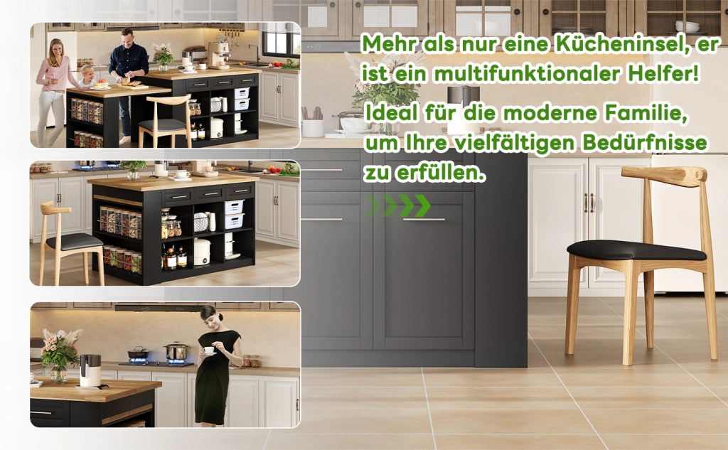 Isola da cucina moderna con tavolo estraibile, 150x90x90 cm, finitura naturale e nera, in MDF