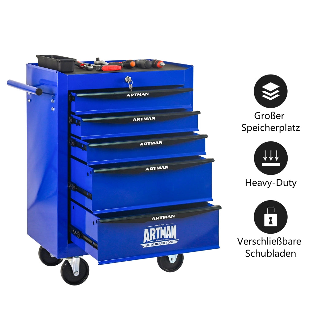 Carrello portautensili con 5 cassetti, ruote piroettanti, serratura e struttura in acciaio, per garage, nero e blu
