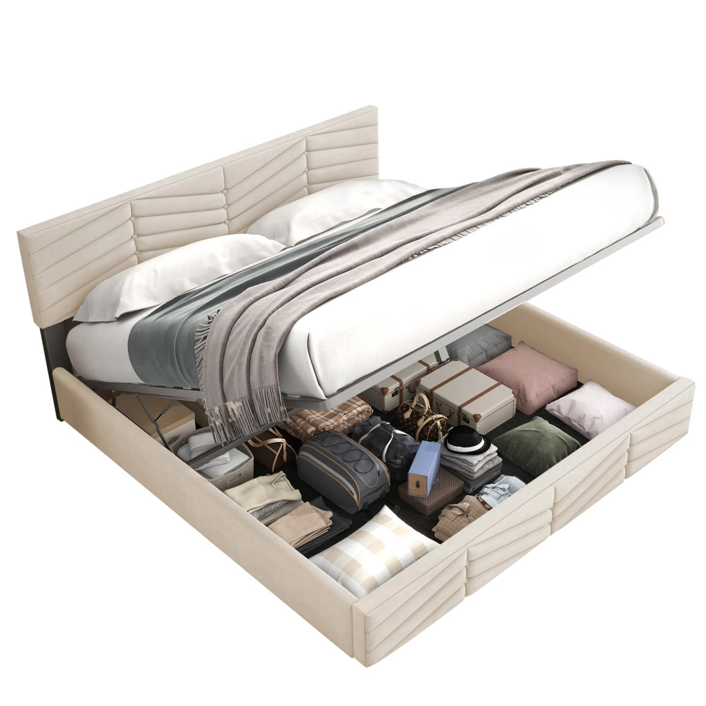 OKWISH Letto Imbottito 140×200 cm, Letto Matrimoniale con Testiera Regolabile e Doghe in Legno, senza Materasso, Velluto, Beige