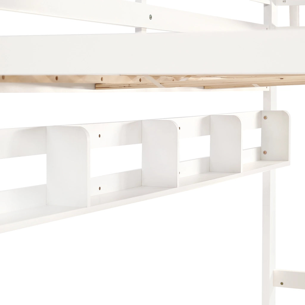 OKWISH Letto a Castello 90×200 cm, Letto Singolo con Letto Estraibile con Ruote, Mensole 2 m e Scala, senza Materasso, Bianco