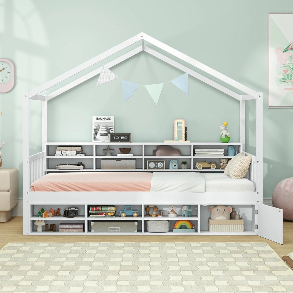 Letto a Castello con Tetto, Letto Singolo per bambini con Struttura in Legno 14 Cubi di Stoccaggio e un Armadio, Struttura Letto 100x190 cm, Carico 200 kg