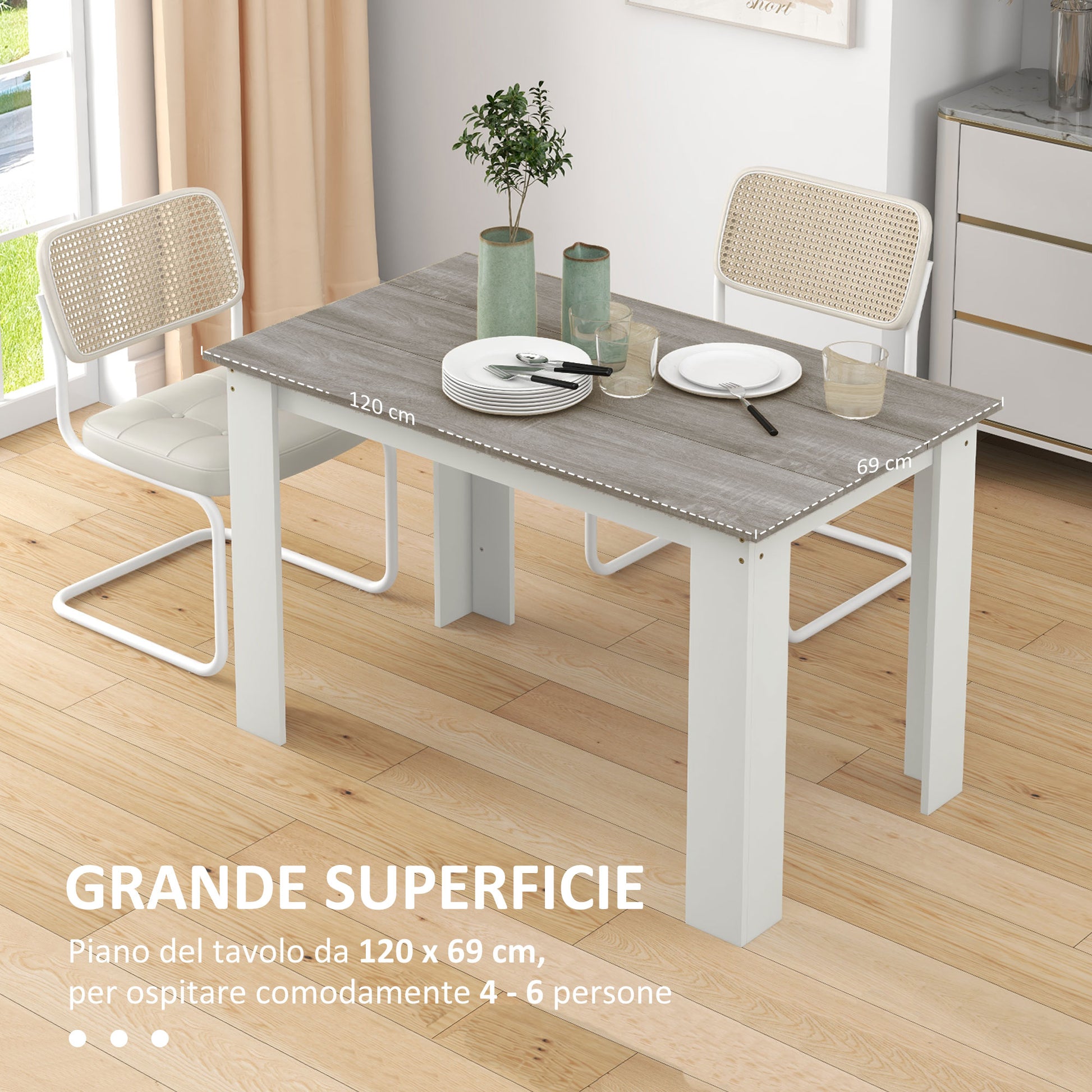 Tavolo da Pranzo Moderno per 4-6 Persone 120x69x75 cm in Legno Grigio e Bianco