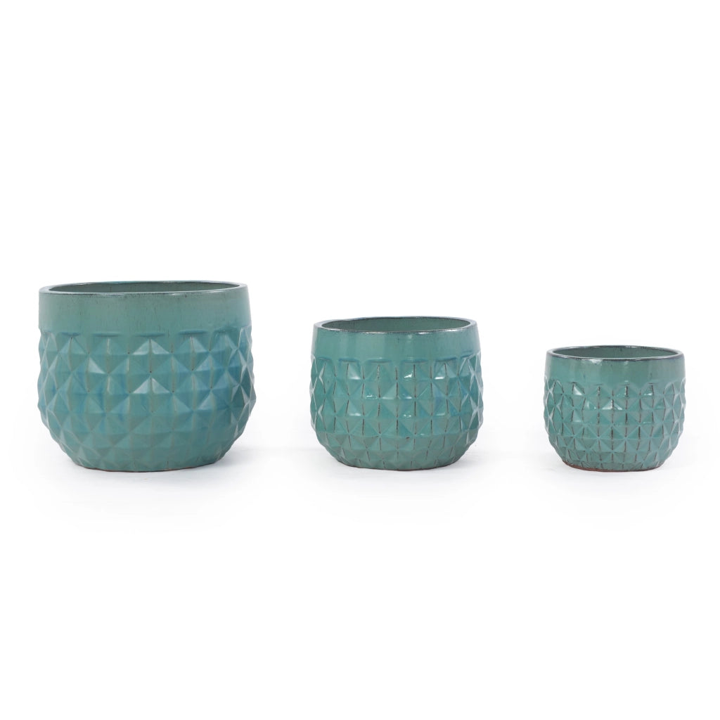 Set di 3 vasi in ceramica smaltata turchese, design geometrico, per interni ed esterni