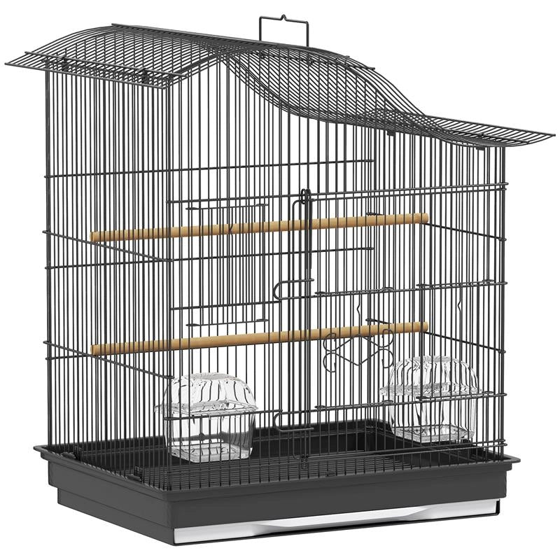 GABBIA PER UCCELLI A 4 PORTE CON 2 CIOTOLE, 2 POSATOI E VASSOIO, IN METALLO E PLASTICA, 47.5X36X54.5 CM, NERO