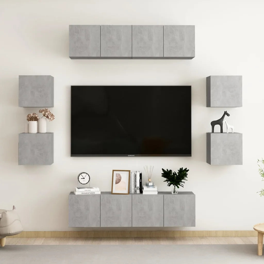 Set di Mobili Porta TV 8 pz | Armadietto TV | Mobile Porta TV Grigio Cemento in Legno Multistrato