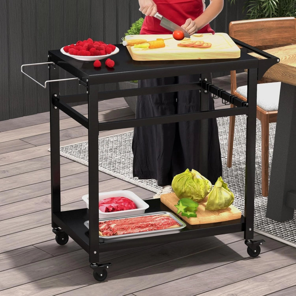 Carrello Barbecue con Ruote in Metallo, Carrello per Grigliare con Tavolo da Lavoro, 2 Ripiani e Ganci, Carrello da Pranzo per BBQ per Esterni, Nero
