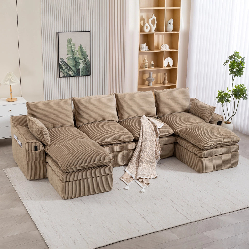 Divano modulare a 4 posti in velluto a coste con 2 pouf, cuscini, tasche laterali e schiuma a 3 strati, khaki