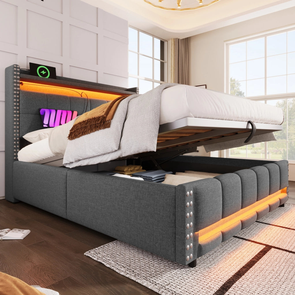 Letto imbottito 160x200 cm con contenitore; LED e USB in tessuto di lino grigio
