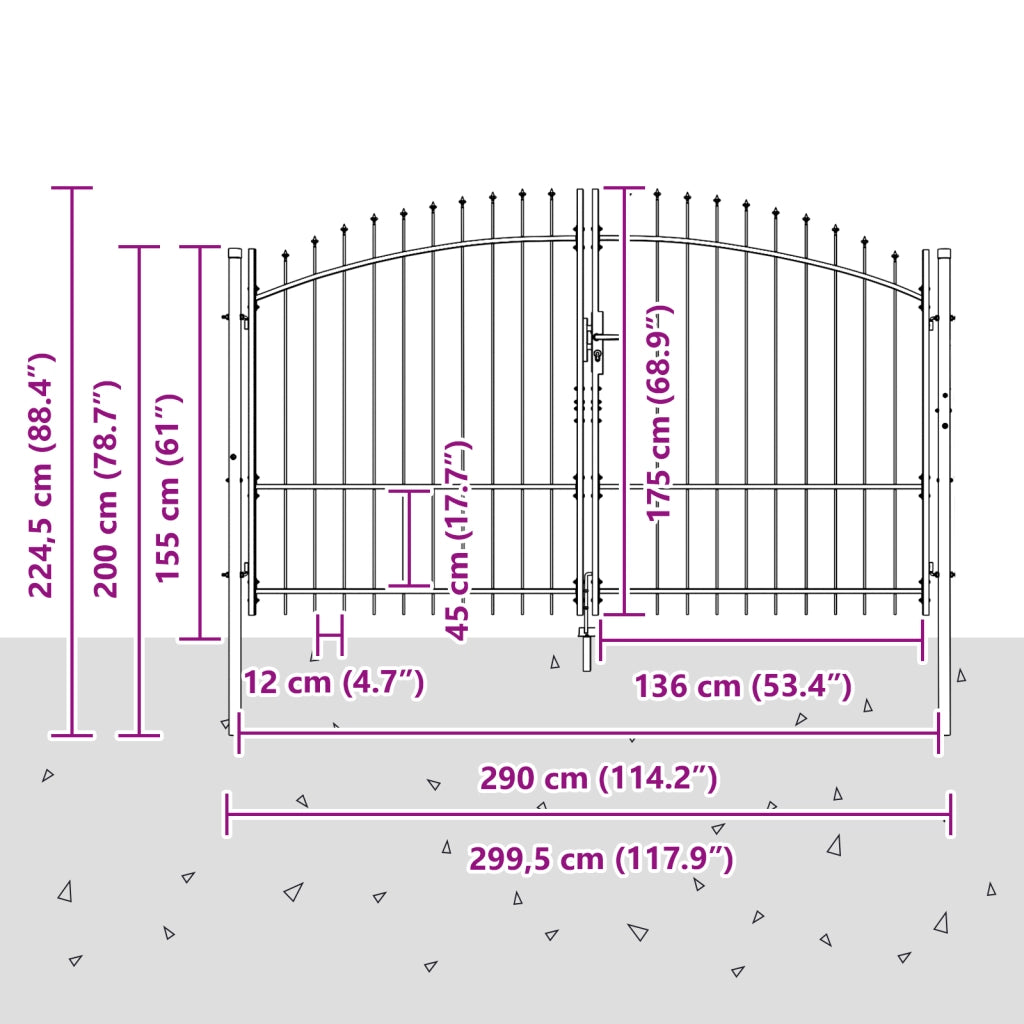 Cancello da giardino con punta a lancia, doppio battente, grigio, 175x300 cm in acciaio
