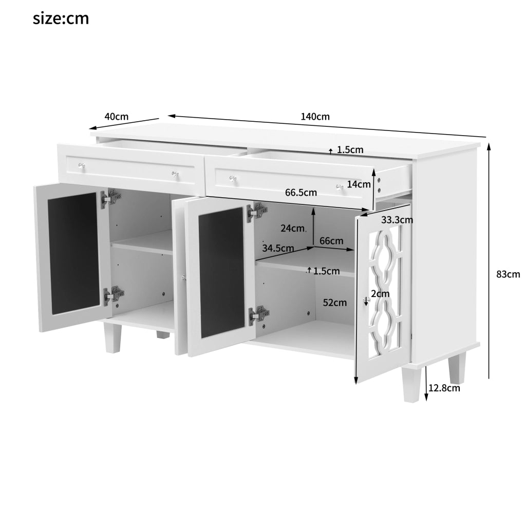 Credenza con 4 Ante a Specchio; 2 Cassetti e Ripiani Regolabili; Stile Moderno; in MDF; 140??40??83 cm; Bianco