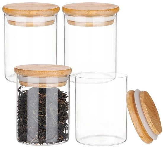 Contenitore di conservazione degli aromi 4 pezzi - Vaschetta trasparente in vetro - Tappi in bambù - Aria stagna - 200 ml - Anello di sigillatura in silicone - Contenitore di conservazione alimentare