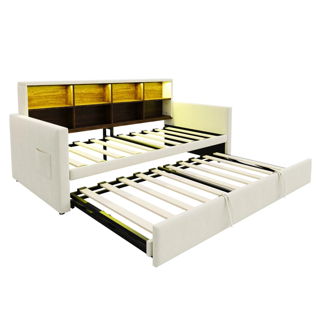 OKWISH Letto Estraibile Singolo con Contenitore, LED, USB e Tipo C, 90 x 190 cm, senza Materasso, Beige