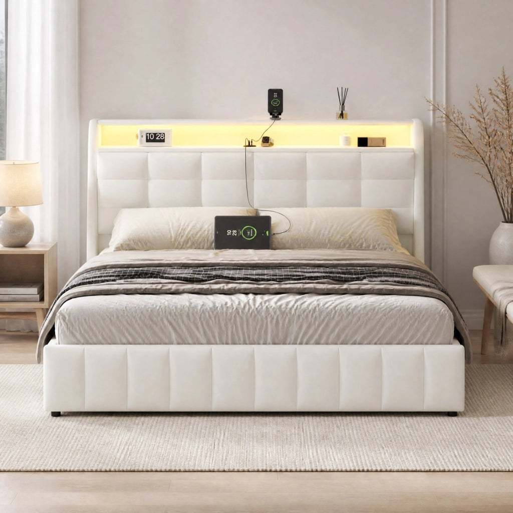 DESMIU Letto piattaforma 160 × 200 cm 2 posti con LED, USB e vano contenitore, senza materasso, in PU, bianco