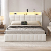 DESMIU Letto piattaforma 160 × 200 cm 2 posti con LED, USB e vano contenitore, senza materasso, in PU, bianco