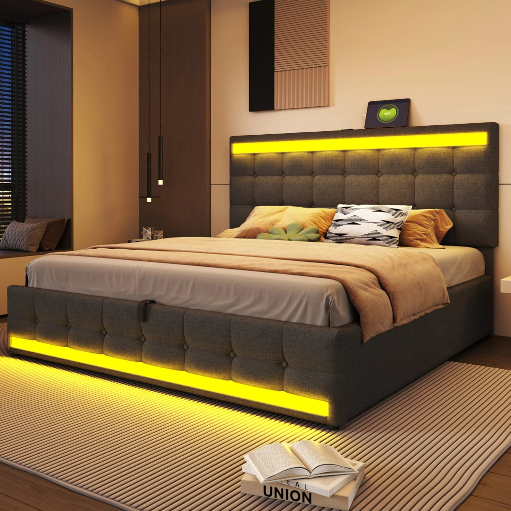 Letto imbottito matrimoniale 180x200 cm con LED RGB, USB integrati e contenitore del comfort moderno, Grigio