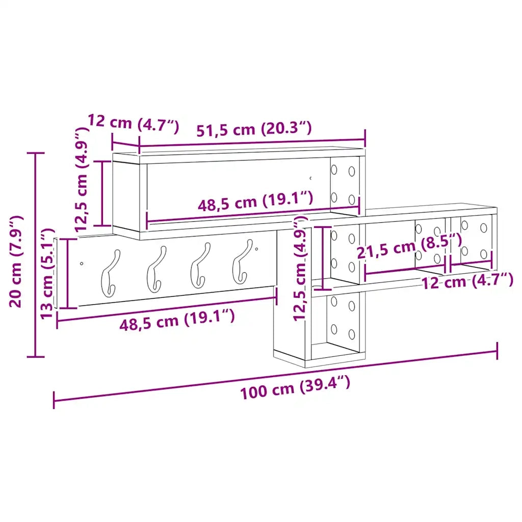 vidaXL Appendiabiti a muro Legno vecchio 100 x 12 x 43.5 cm