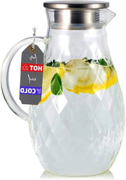 Caraffa da acqua 2L in vetro - Waterkan met coperchio e filtro per bevande calde e fredde - Caraffa con disegno unico a diamante