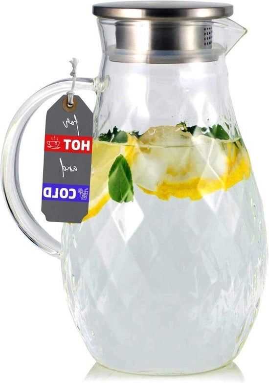 Caraffa da acqua 2L in vetro - Waterkan met coperchio e filtro per bevande calde e fredde - Caraffa con disegno unico a diamante
