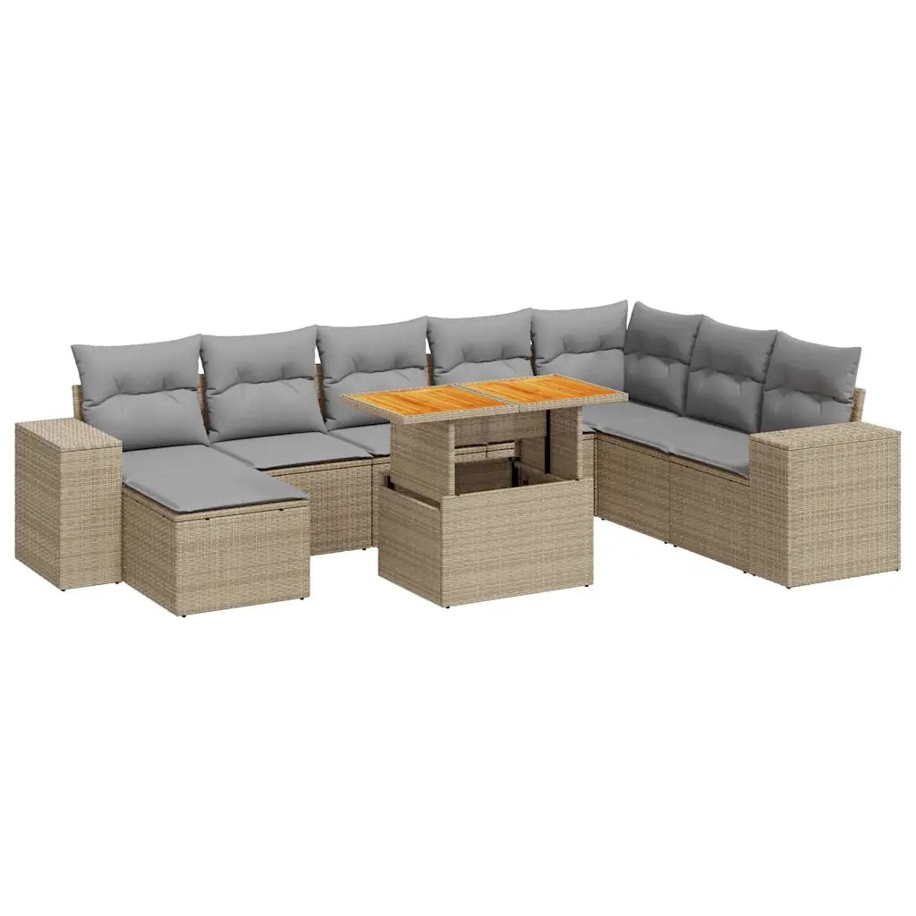 Set Divano da Giardino 9pz con Cuscini Grigio Polyrattan Acacia