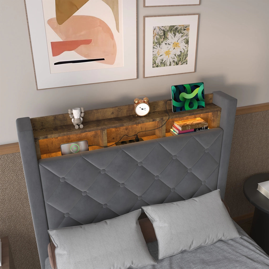 LETTO Imbottito 90 x 200 cm in Velluto Grigio con LED, USB e Contenitore