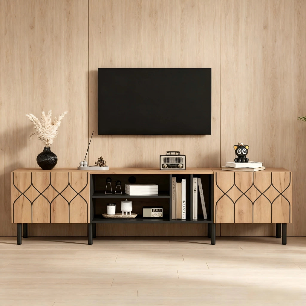 Mobile TV con 2 ante e 4 vani; passacavi - per soggiorno - 180×40×50 cm - in MDF e truciolare - nero