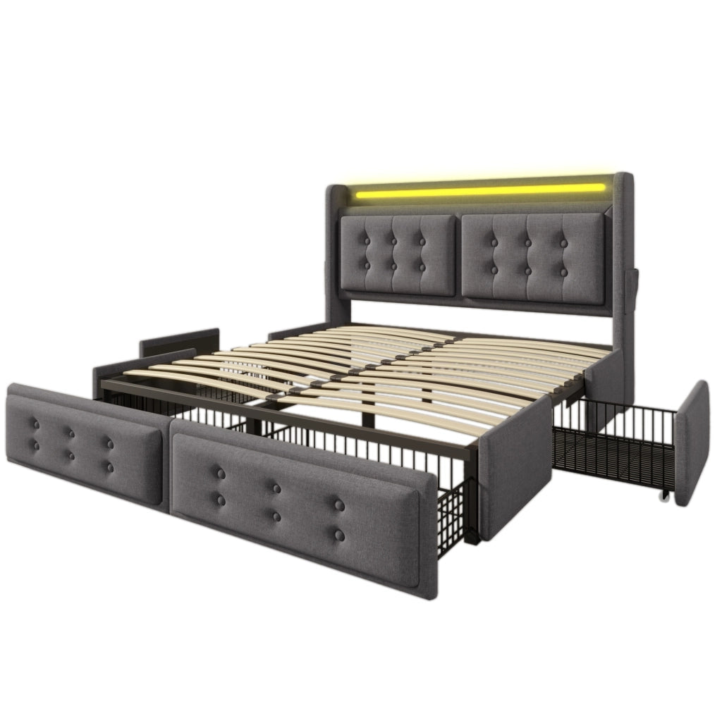 Letto matrimoniale 140x200 cm con LED; USB C e 4 cassetti; tessuto cotone e lino grigio