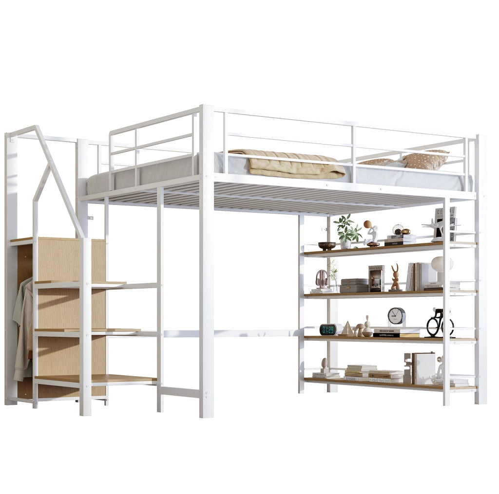 Letto a soppalco 140x200 cm bianco in metallo con scala contenitore, guardaroba e ripiani
