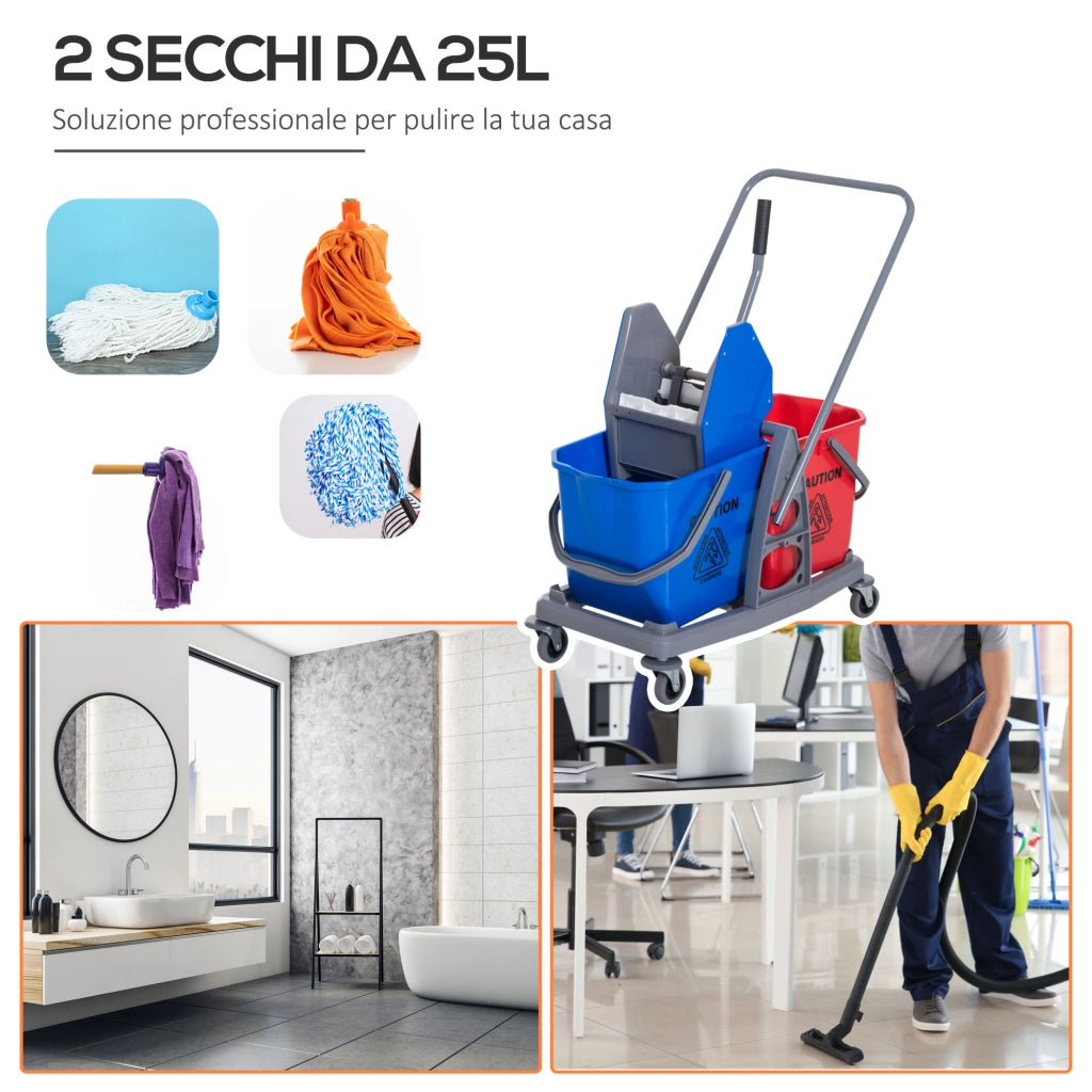 Carrello delle Pulizie Professionale 2 Secchi Capacit¨¤ 25L Strizzatore 73 ¡Á 45 ¡Á 92cm