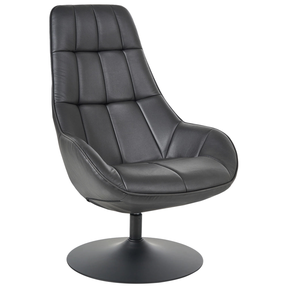 Poltrona girevole in ecopelle nero, base singola, con seduta imbottita e cuciture decorative, stile moderno di metà secolo
