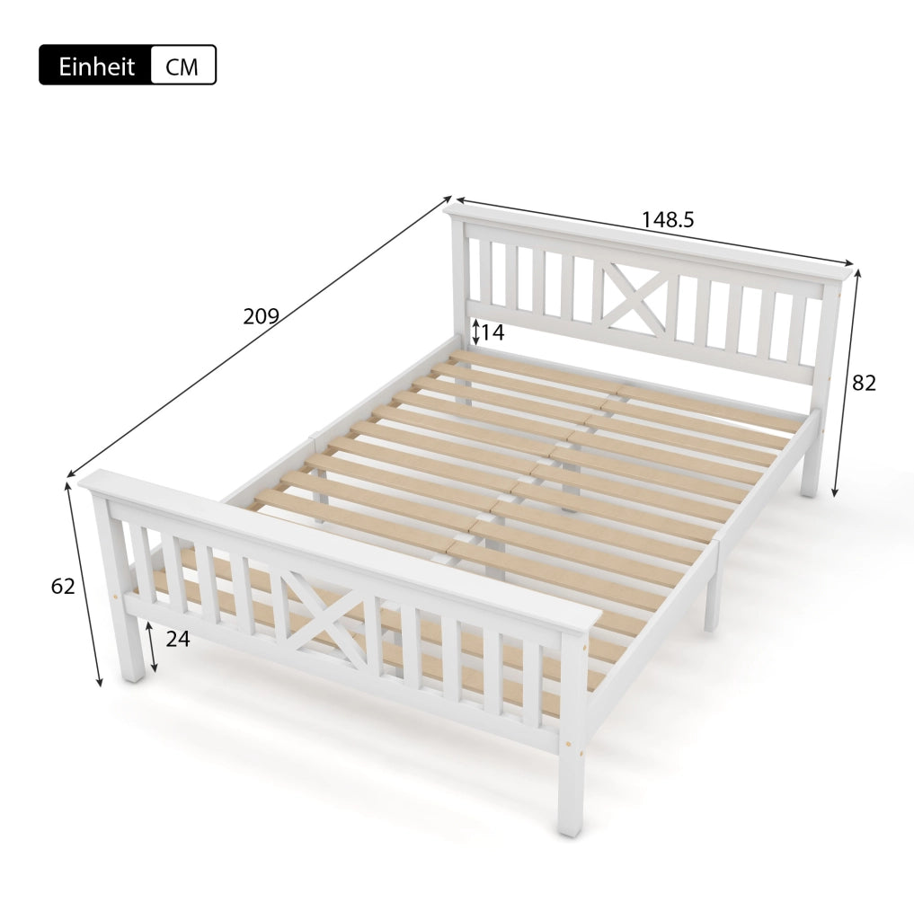 Letto matrimoniale 140x200 cm con testiera a X e doghe incluse; in legno massello bianco