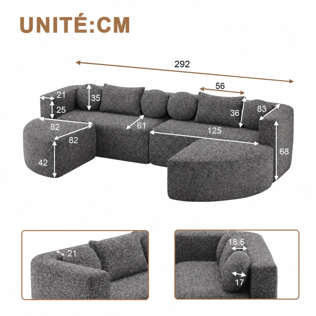 Divano modulare in chenille nero con funzione letto, struttura compressa, senza montaggio, 292 x 165 x 68 cm