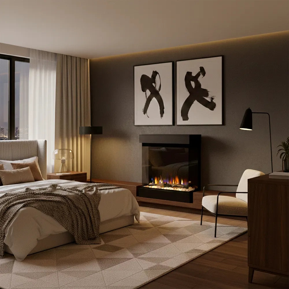 Tempo Style - Caminetto elettrico CALLIOPE Nero con cornice in legno MDF effetto fuoco reale 750 - 1.500 W