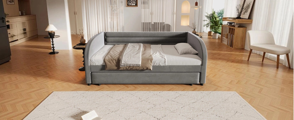 Letto piattaforma imbottito 90x200 cm con letto estraibile e illuminazione LED grigio