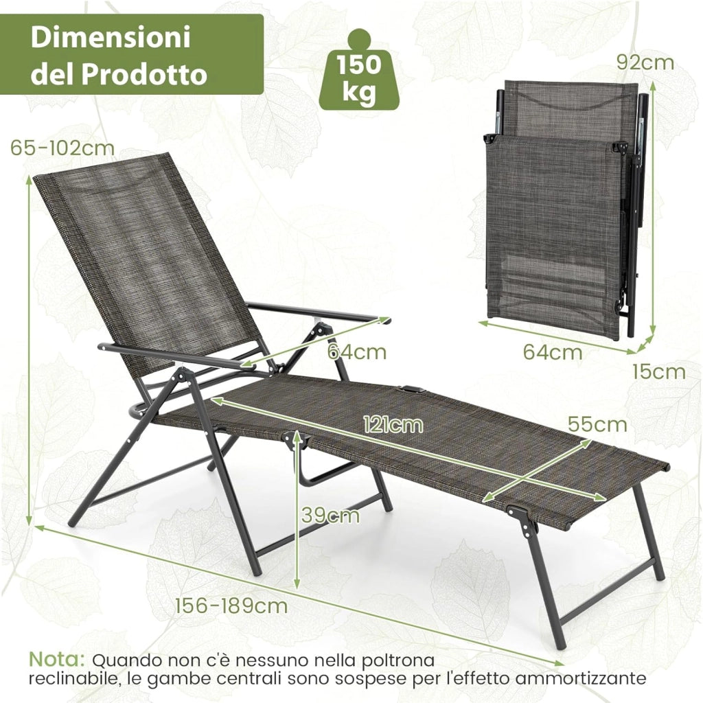 Set di 2 Lettini Prendisole da Giardino, con Schienale Regolabile, Sedia a Sdraio Pieghevole con Schienale Reclinabile, per Terrazzo Piscina Giardino, Portata 150 kg (Marrone)