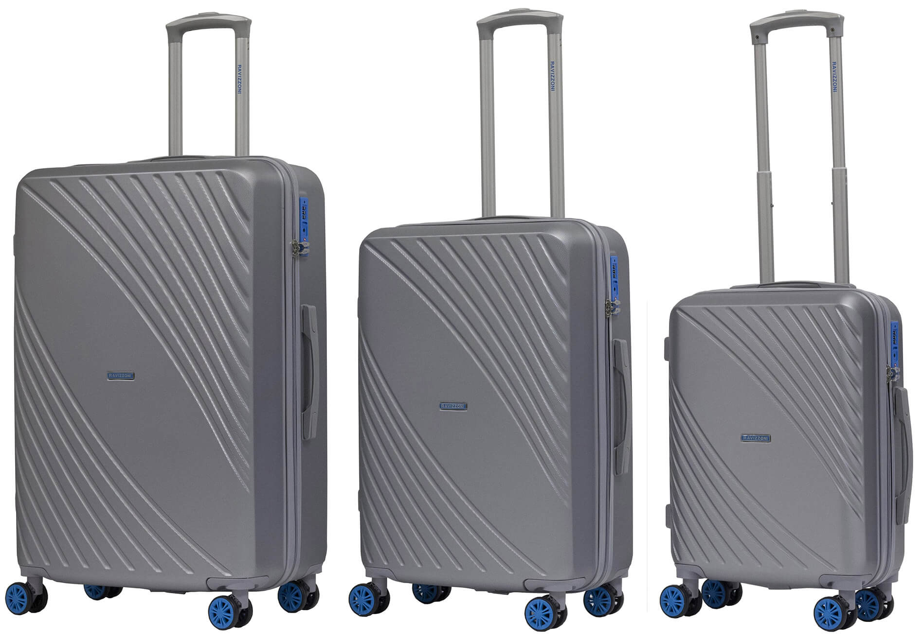 Set 3 Valigie Trolley Rigide in ABS 4 Ruote TSA Ravizzoni Fresh Silver e Blu