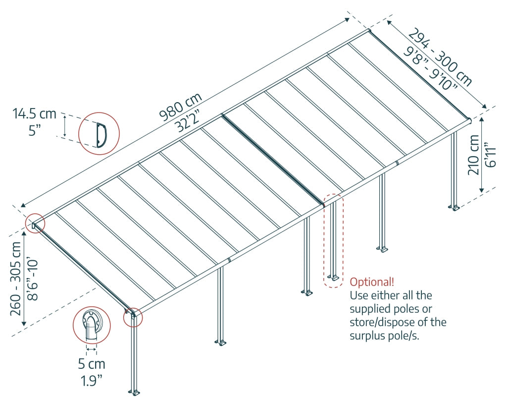 Pergola Addossata in Alluminio Olympia 3X9.8 m Bianco